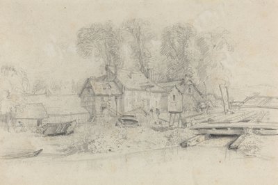 Rivierlandschap met gebouwen, boten en figuren door Eugène Boudin