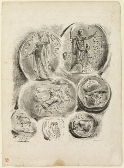 Blad met zeven antieke medailles door Eugène Delacroix