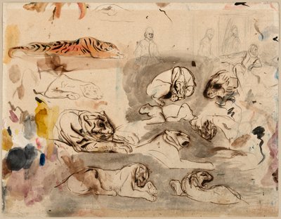 Schetsen van tijgers en mannen in 16e-eeuwse kostuums door Eugène Delacroix