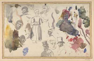Studies van mannelijke hoofden en een staande mannelijke figuur door Eugène Delacroix