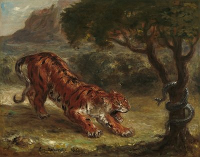 Tijger en slang door Eugène Delacroix