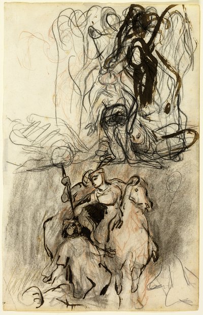 Twee Schetsen; Gewapende Ruiters en Figuur op de Grond door Eugène Delacroix
