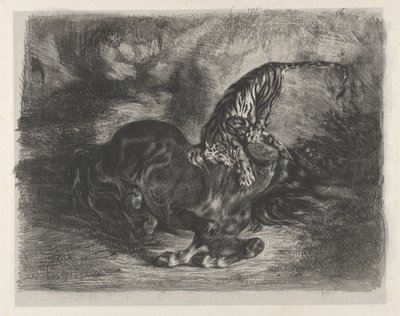 Wilde paard neergehaald door een tijger, 1828 door Eugène Delacroix