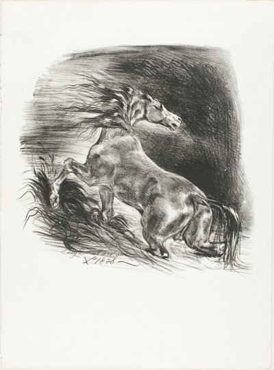 Wild paard, of geschrokken paard dat het water verlaat door Eugène Delacroix