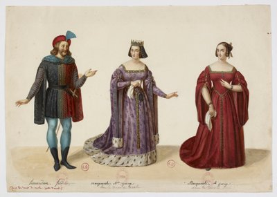 Kostuums - Frederic Lemaitre als Buridan, Mlle George als Marguerite de Bourgogne (La Tour de Nesle, september 1832) door Eugène Du Faget