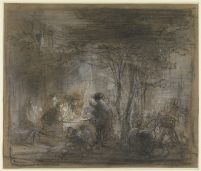 Gezelschap rond een tafel onder bomen door Eugène François de Block