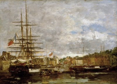 Honfleur - Schepen aangemeerd in de haven door Eugene Louis Boudin