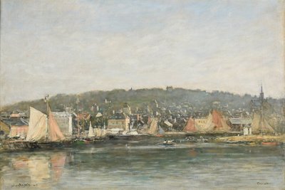 De haven van Trouville in de ochtend door Eugene Louis Boudin