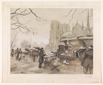 Gezicht op de Quai de Montebello te Parijs door Eugène Véder (signed by artist)