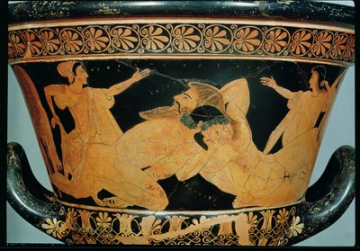 Attische roodfigurige calyx-krater met Herakles die worstelt met Antaeus, uit Cervetri door Euphronios