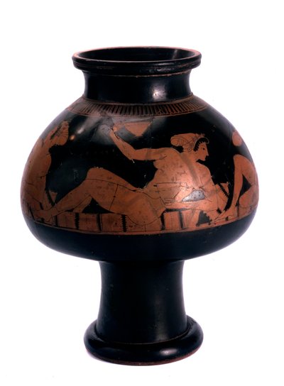 Roodfiguur psykter wijnkoeler met een symposiumscène, Oud-Grieks door Euphronios