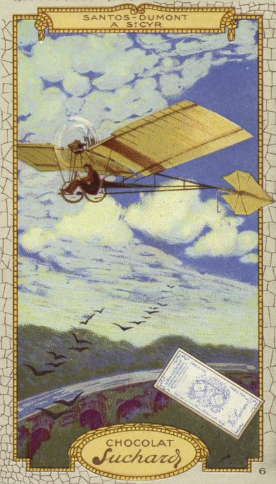 Alberto Santos-Dumont in St Cyr, Frankrijk (chromolitho) door European School
