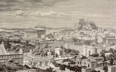Artistieke impressie van Athene, ten tijde van de Keizer Hadrianus, uit 