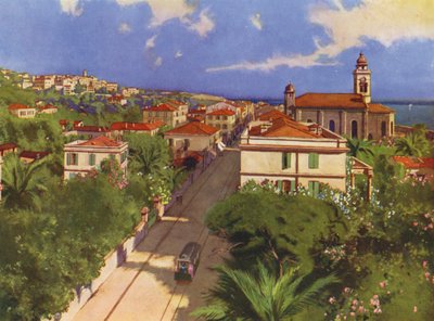 Bordighera, Via Vittorio Emmanuele en Vue Generale (kleurenlitho) door European School