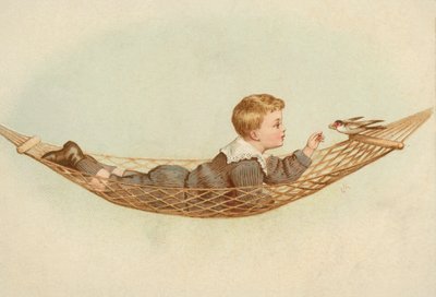 Jongen liggend in een hangmat die een vogel voedt door European School