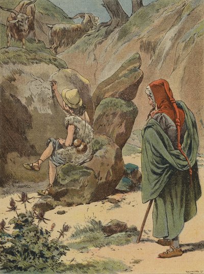 Cimabue kijkt toe hoe de jonge Giotto een geit op een rots tekent door European School
