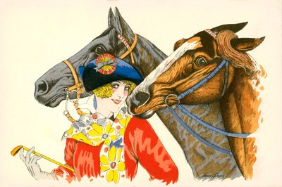 Kokette, kleurrijk geklede vrouw met een baret met een rozet erop, met twee paarden (kleurenlitho) door European School