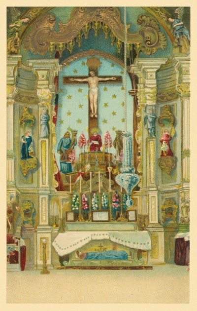 Gekruisigde Christusfiguur boven een kerkaltaar (chromolitho) door European School