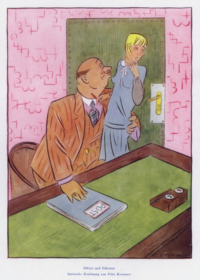 Dictee, satrale tekening over seksueel misbruik van vrouwen op de werkvloer (kleurenlitho) door European School