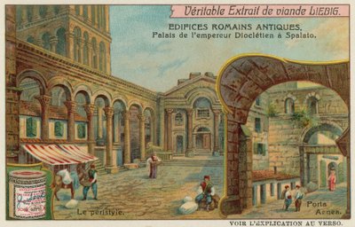Paleis van Diocletianus in Split in Kroatië met detail van zuilengalerij en zuidelijke zeepoort (chromolitho) door European School