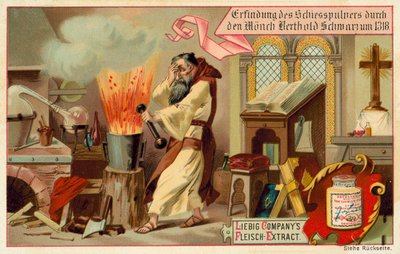 Ontdekking van buskruit door de monnik Berthold Schwarz door European School