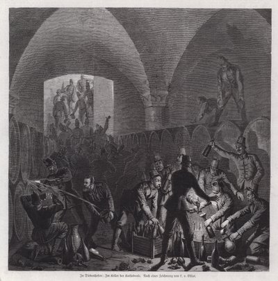 Duitse soldaten bedienen zich van de inhoud van de wijnkelder van de Thionville-kathedraal, Frankrijk, Frans-Duitse Oorlog door European School