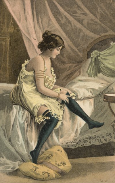 Meisje dat kousen aantrekt (kleurenlitho) door European School