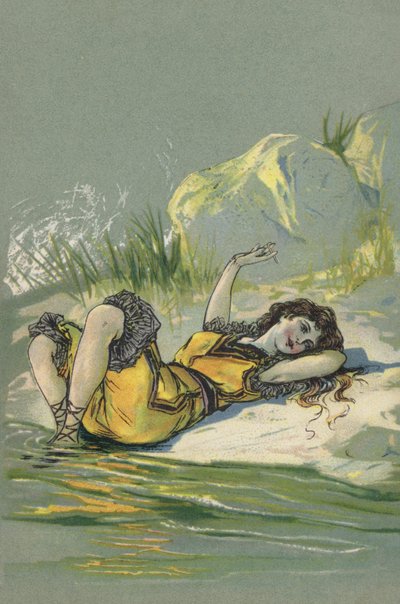 Meisje liggend op een strand of rivieroever (kleurenlitho) door European School