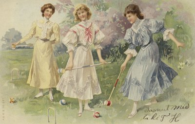 Meisjes die croquet spelen (chromolitho) door European School