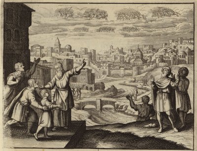 Goudgeklede cavalerie in de lucht boven Jeruzalem (gravure) door European School