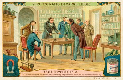 Hans Christian Oersted toont zijn vrienden de afwijking van de magnetische naald onder invloed van een elektrische stroom, 1820 door European School