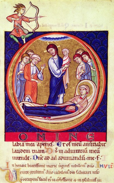 Geïllustreerde initiaal die de dood van de Maagd Maria toont, uit een onbekend manuscript, 12e-13e eeuw door European School