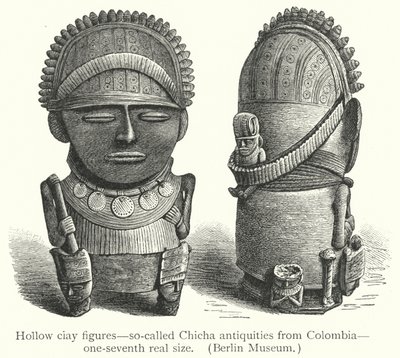 Hol kleifiguren, zogenaamde Chicha-antiquiteiten uit Colombia (gravure) door European School