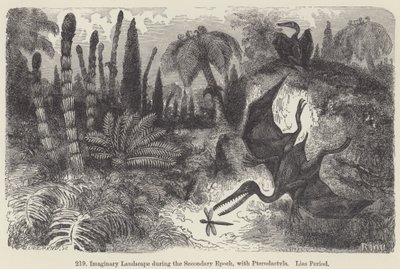 Denkbeeldig landschap tijdens het Secundaire Tijdperk, met Pterosauriërs, Lias-periode door European School