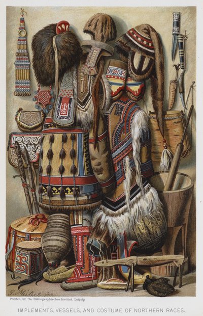 Gereedschappen, Vaten en Kostuums van Noordelijke Rassen (chromolitho) door European School
