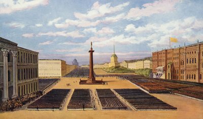 Inwijding van het monument voor tsaar Alexander I in Sint-Petersburg (kleurenlitho) door European School