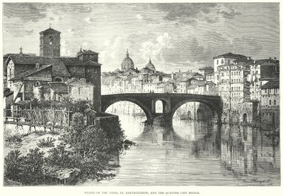 Eiland van de Tiber, St Bartholomeus en de Quattro Capi brug (gravure) door European School