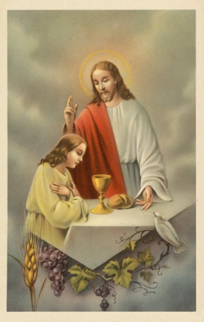 Jezus Christus zegent een meisje dat de heilige communie doet (kleurenlitho) door European School