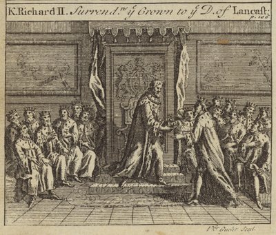 Koning Richard II geeft de kroon van Engeland over aan Henry Bolingbroke, Hertog van Lancaster, 1399 door European School