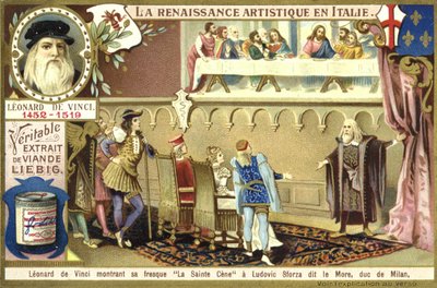 Leonardo da Vinci toont zijn fresco van het Laatste Avondmaal aan Ludovico Sforza, hertog van Milaan door European School