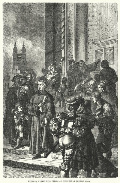 Luthers vijfennegentig stellingen aan de deur van de kerk van Wittenberg door European School