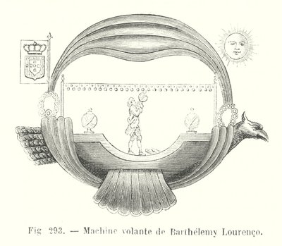 Vliegmachine van Barthelemy Lourenco (gravure) door European School