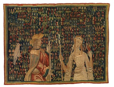 Mille fleurs wandtapijtfragment met herder en herderin of dame en jongeman door European School