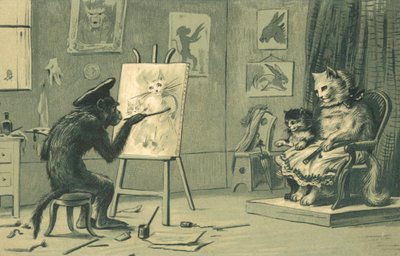 Aap schildert een portret van een kat en een kitten door European School