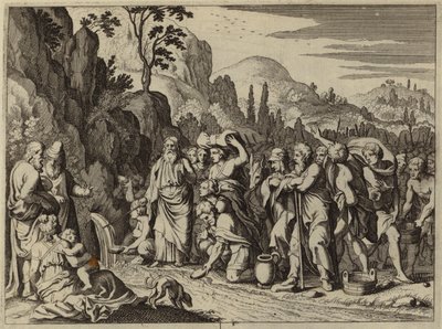 Mozes slaat met zijn staf op de rots om water te laten stromen (gravure) door European School