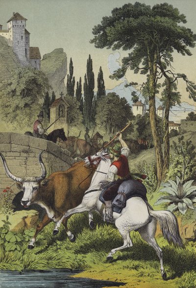 Bereden herders in Italië achtervolgen een steppenstier in een landschap met wilde kastanje, clusterden en Italiaanse populieren (kleur litho) door European School
