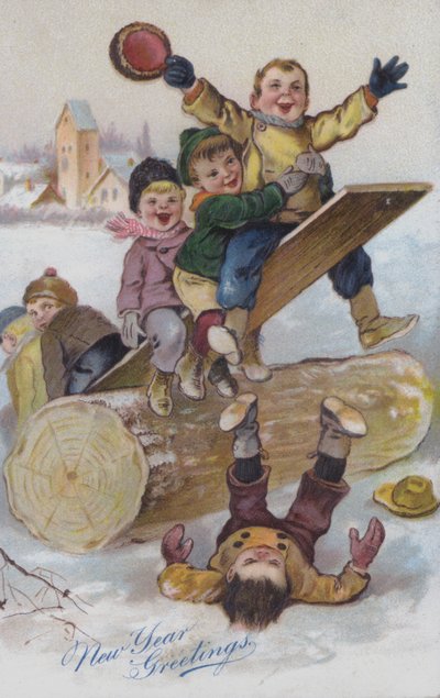 Nieuwjaarskaart met kinderen in de sneeuw (chromolitho) door European School