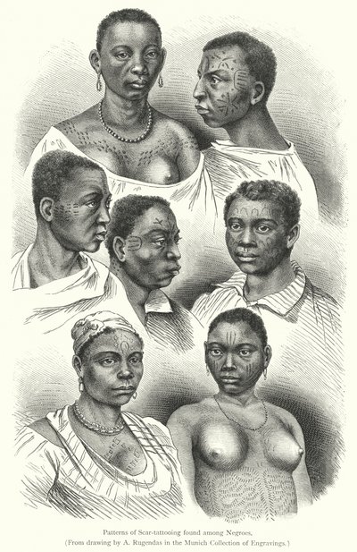 Patronen van litteken-tatoeages gevonden bij negers (gravure) door European School
