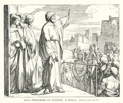Paulus Predikend in Antiochië, Handelingen, hoofdstuk xvii, vers 22 (gravure) door European School