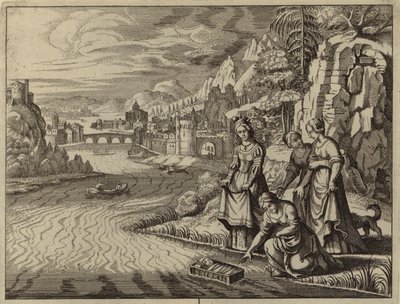 De dochter van de farao ontdekt de baby Mozes die op de Nijl drijft (gravure) door European School